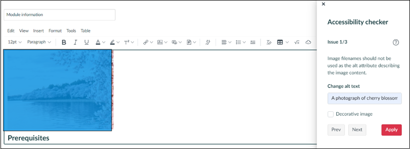 Screenshot of the Canvas Rich Content Editor showing how to add alt text to an image using the Accessibility Checker.