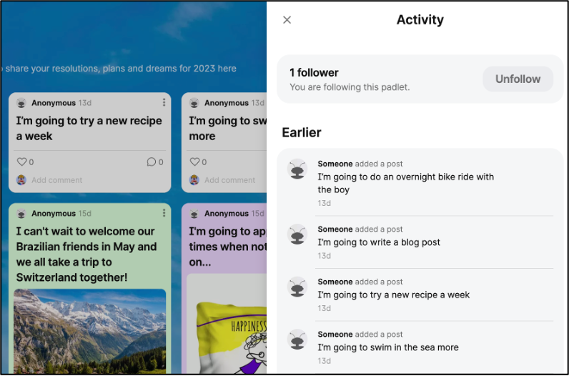 Activity panel in a padlet