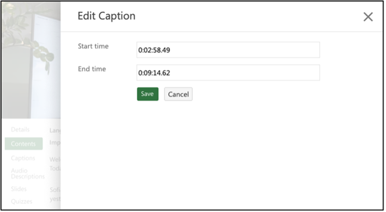 Panopto caption editor showing caption end-times.