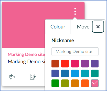 Colour tab under 3 dots on module card, with grid of colours to select