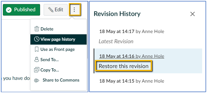 2 screenshots, first showing View Page History option under 3 dots next to Edit button on a Page. Second showing list of versions with option to Restore a version