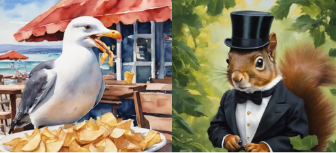 2 of AI generated art, 1st image is a seagull eating chips, the 2nd image is a squirrel in formal attire.