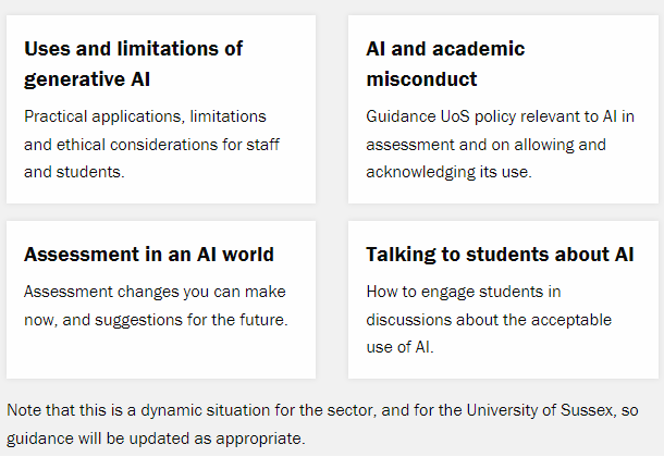 A screenshot of to AI in teaching and assessment webpages showing links to pages on: Uses and limitations of generative AI, AI and academic misconduct, Assessment in an AI world, Talking to students about AI