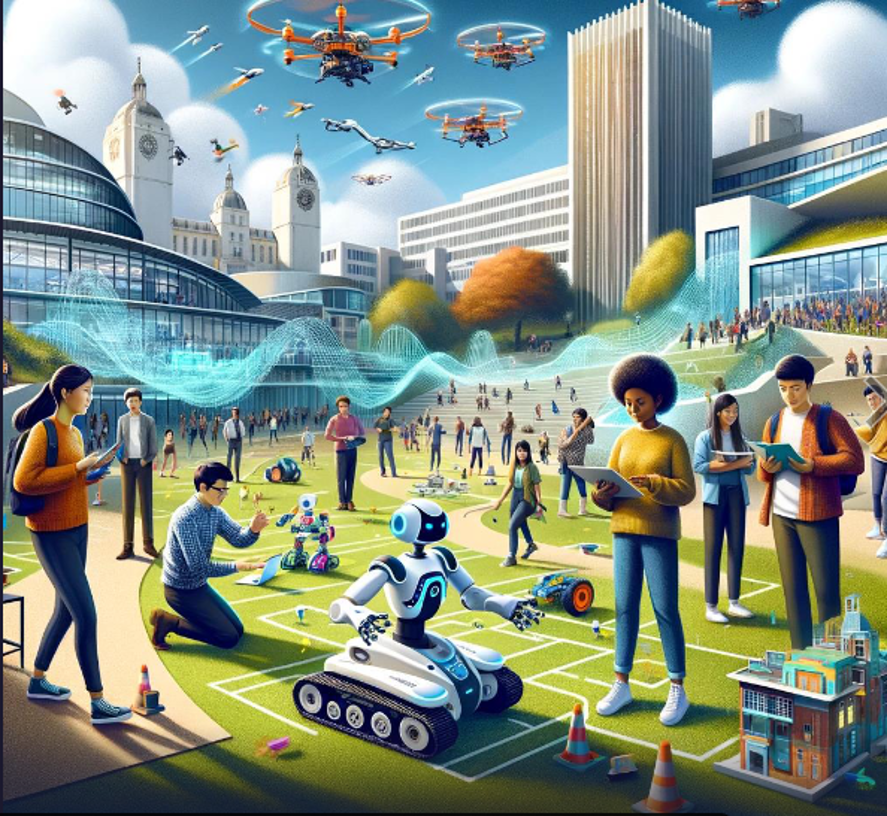 An image created with generative artificial intelligence, showing slightly uncanny-looking university students in a futuristic campus. Large drones fly in the sky overhead and a robot is in the foreground, being studied by a student with a clipboard.