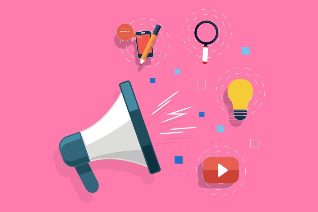 a picture on a pink background, of a megaphone, a mobile phone, a lightbulb, a magnifying glass and the YouTube logo, to indicate announcing information