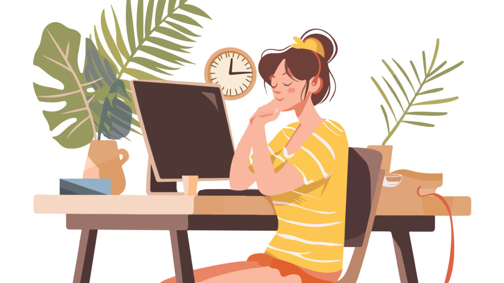 An illustration of a person sitting at a work desk, daydreaming. A clock is on the wall behind them.