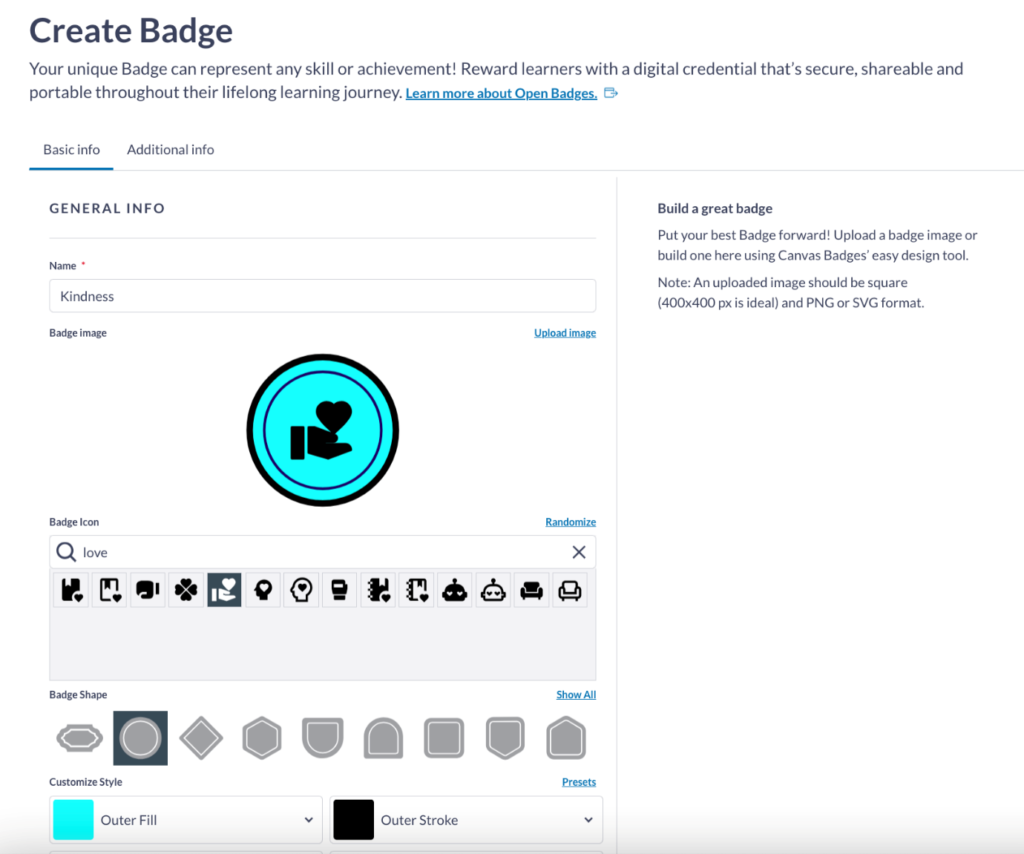 Canvas Badges Create Badge interface, showing the options to design a badge, including badge icon, colour and badge shape