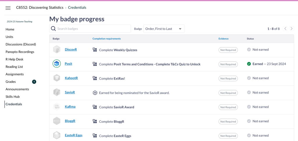 The “My Badge Progress” screen within student view on the Discovering Statistics Canvas module site. The screen shows all of the badges that the student can earn, with the criteria for each badge. The student can also see which badges they have earned so far.