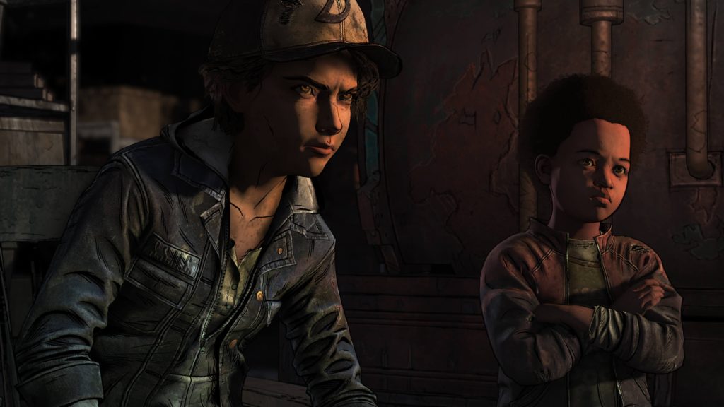 An image taken from the game "The Walking dead". Two characters have concerned looks on their faces