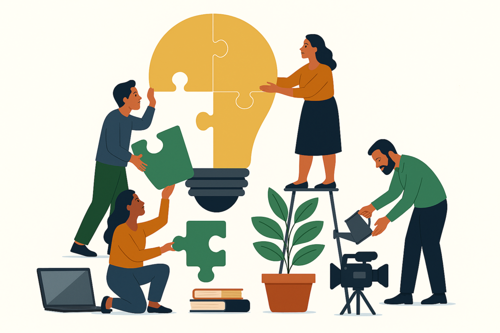 Three people working together to build a lightbulb of five yellow and green puzzle pieces.  Another person is watering a plant, and on the ground there's an open laptop, a stack of books and a film camera