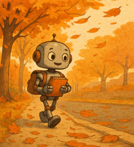 An illustration of a cartoon robot walking on an autumn day.  There are leaves falling.  The robot carries a book and backpack.  AI generated image.
