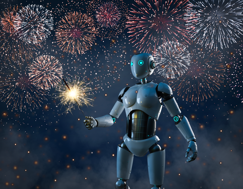AI generated, photo realistic image of a robot at a fireworks display holding a sparkler.