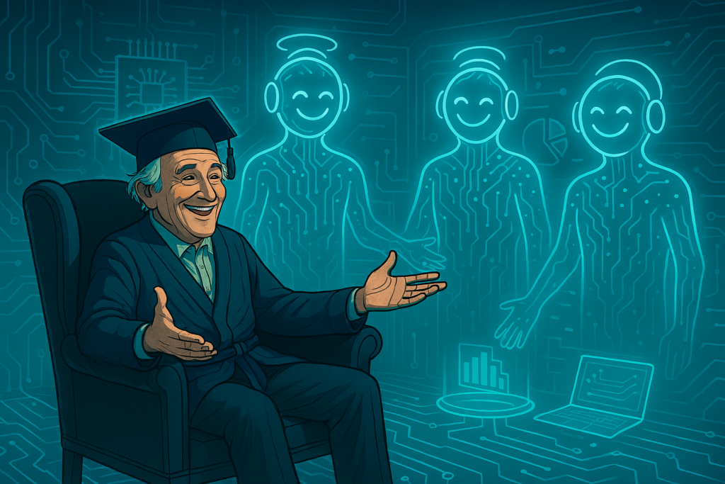 AI-generated image showing Scrooge, seated and looking happy, being visited by 3 smiling AI ghosts who are transparent and have visible circuitry.  Scrooge is wearing a mortar board.