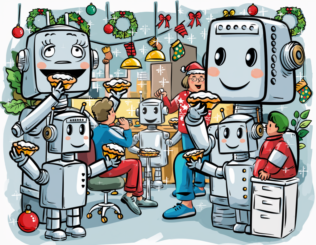 AI-generated image, cartoon-style, of robots and humans eating mince pies in an office kitchen.  There are Christmas decorations and everyone looks jolly.