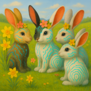 AI Generated Image showing four cartoon bunnies facing each other as in conversation.  They have electronic patterns on their fur suggesting a digital element.