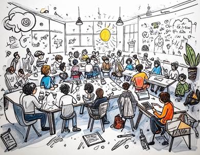AI generated image in doodle style showing a room with groups of people at tables, discussing ideas. The image looks busy with symbols such as lightbulbs denoting thinking.