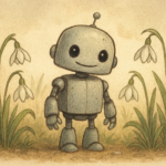 AI Generated Image of a small robot walking between clumps of snowdrops.
